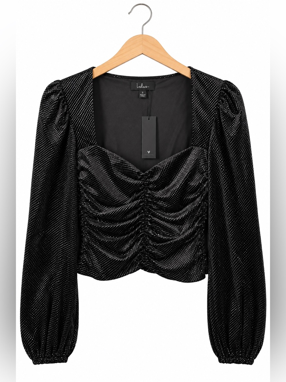 Lulus Black Metallic Velvet Ruched Puff Sleeve Top Small NWT Holiday Party